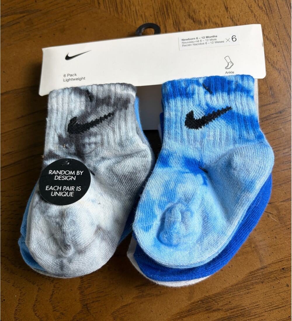 Nike Baby Boys 6-Pack Lightweight Ankle Socks Tie Dye Blue Grey 6-12M NWT